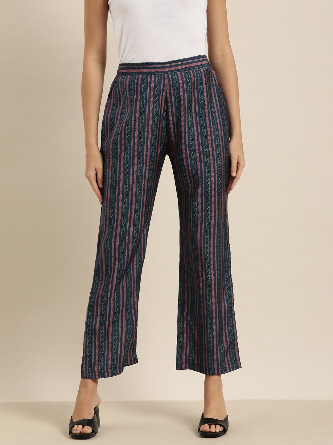 

Sangria Women Navy Blue & Red Striped Printed Trousers