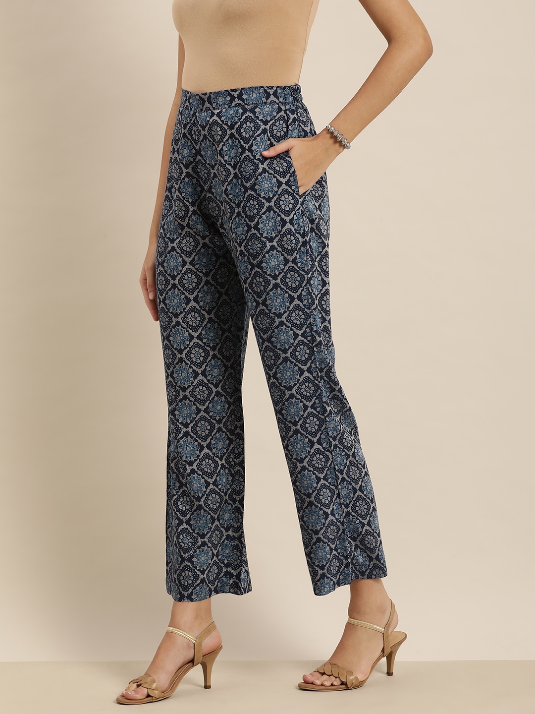 

Sangria Women Navy Blue & Grey Ethnic Motif Printed Trouser