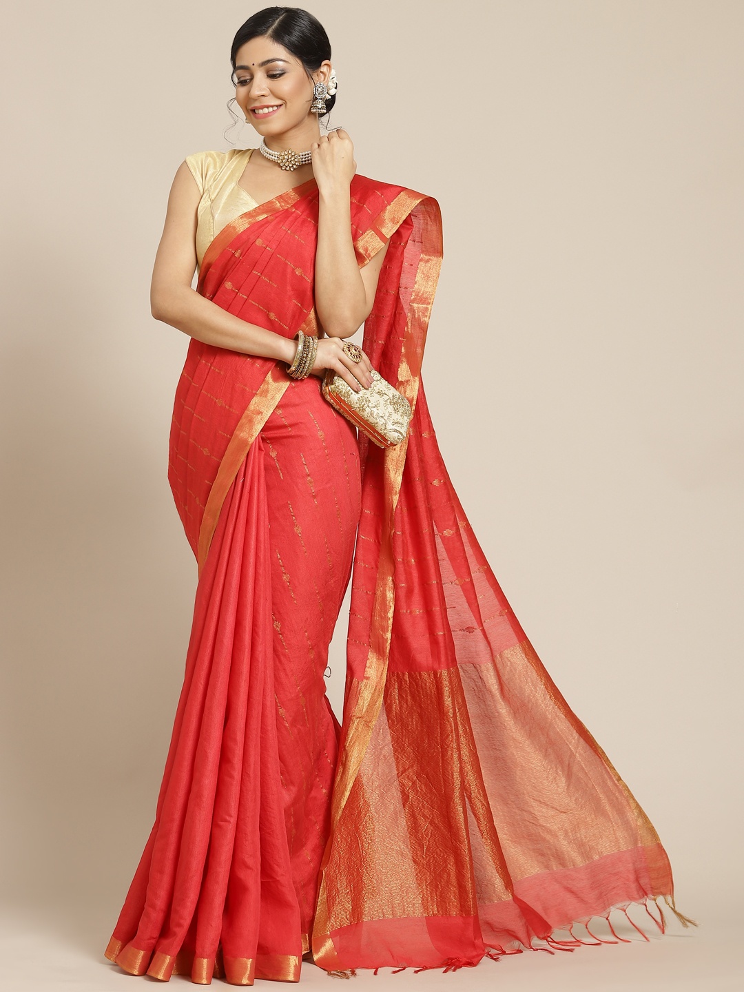 

BharatSthali Red Woven Design Silk Cotton Maheshwari Saree