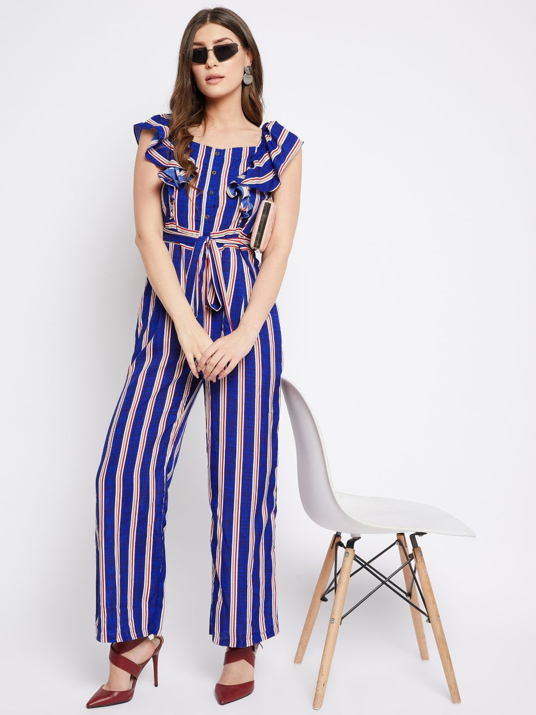 

Uptownie Lite Women Blue & Red Striped Basic Jumpsuit With Ruffles