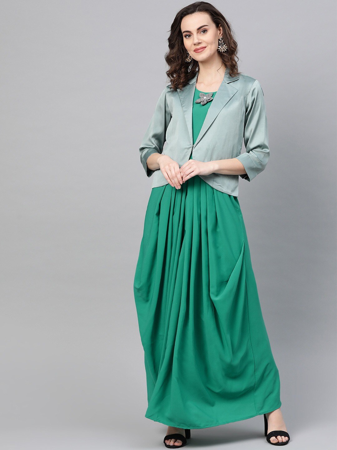 

Cottinfab Green Ethni Fit & Flared Maxi Dress With Blazer