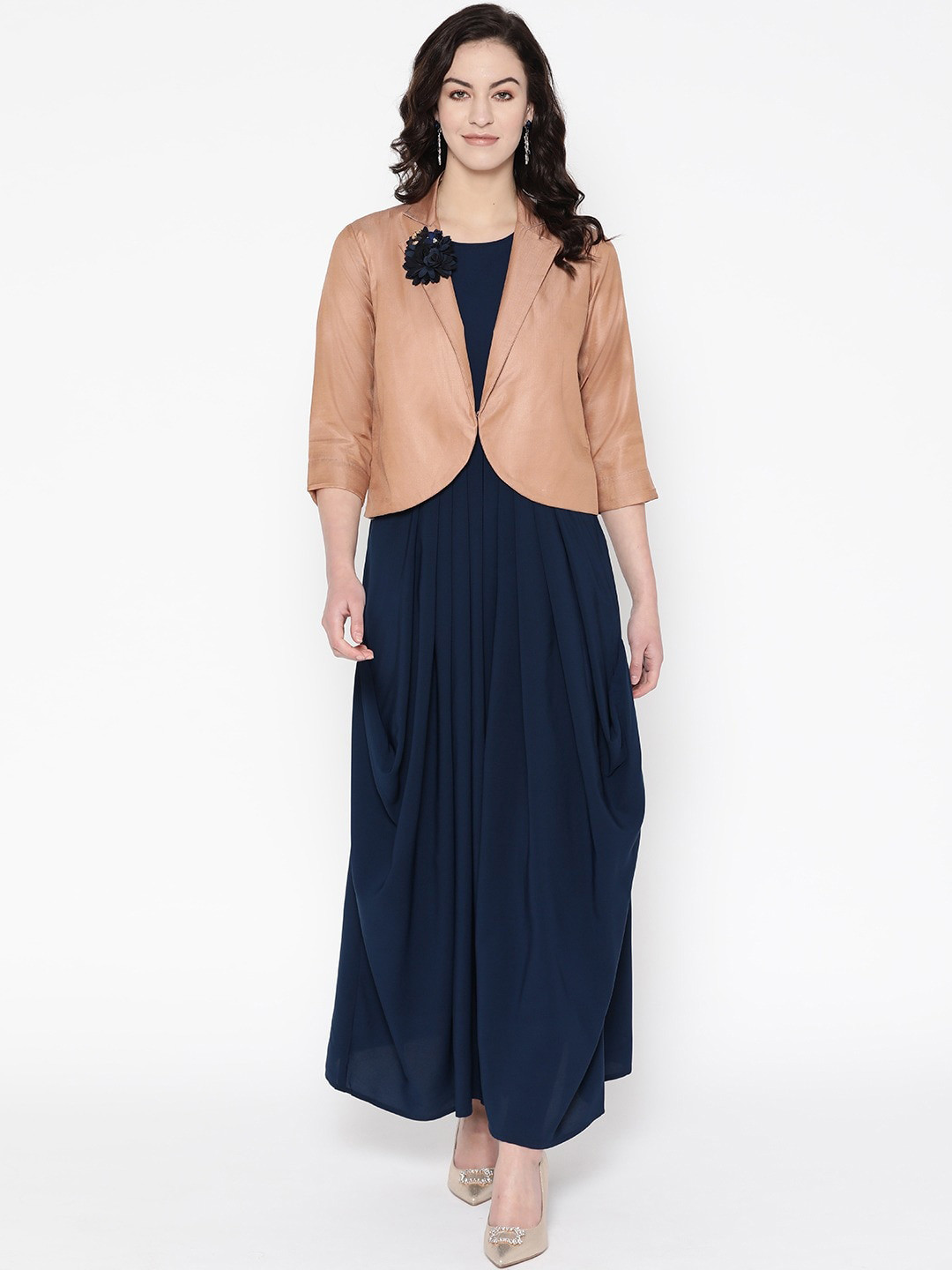 

Cottinfab Navy Blue & Brown Ethnic Maxi Dress with Jacket