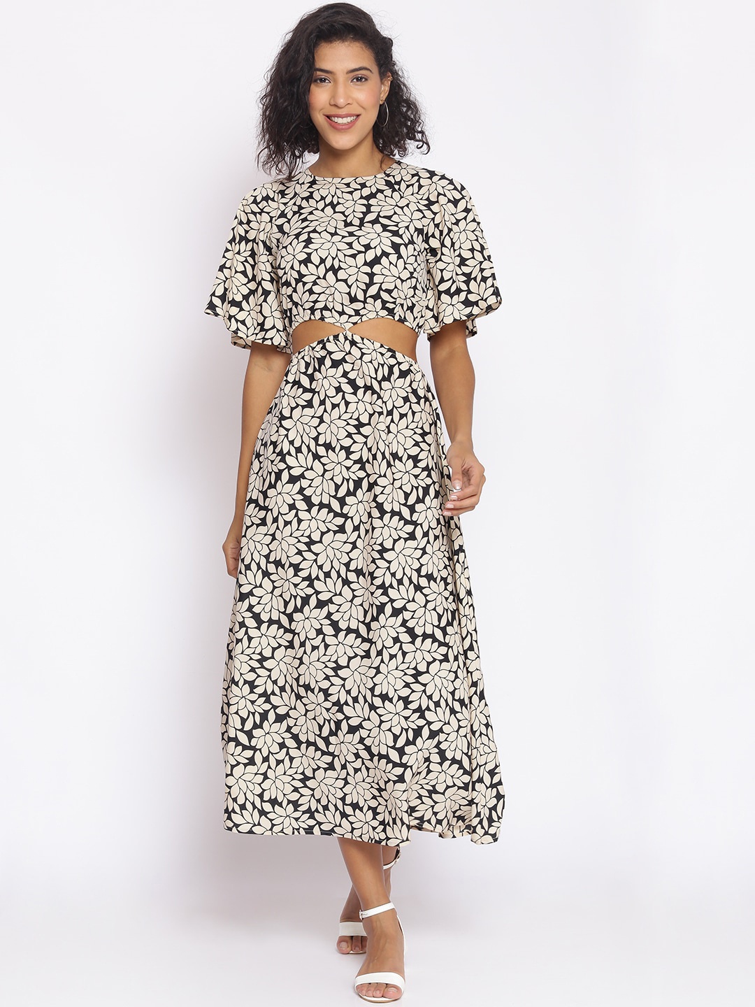 

Cottinfab Beige & Black Floral Printed Cut Outs Crepe Maxi Dress