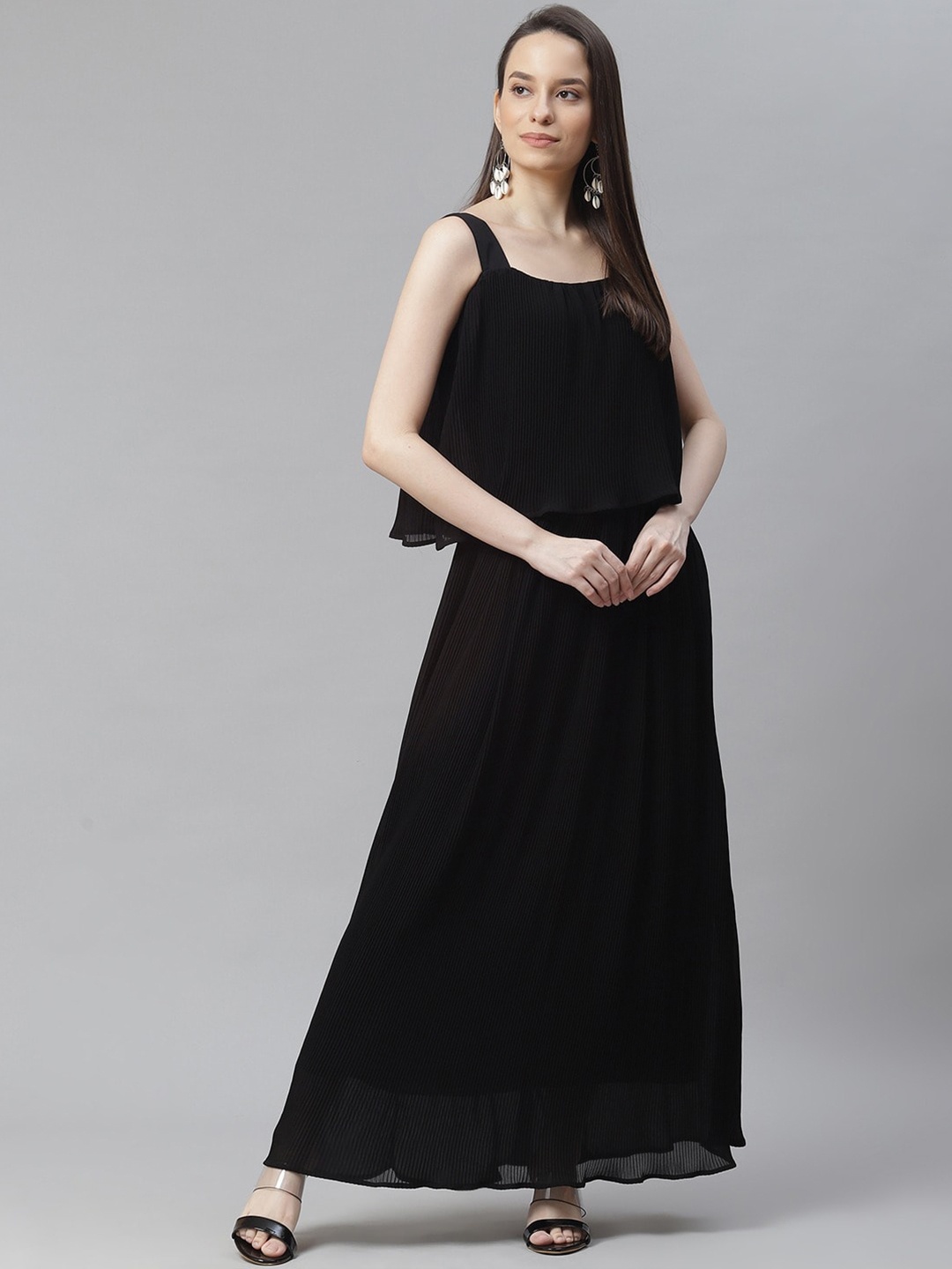 

Cottinfab Black Accordion Pleated Layered Maxi Dress