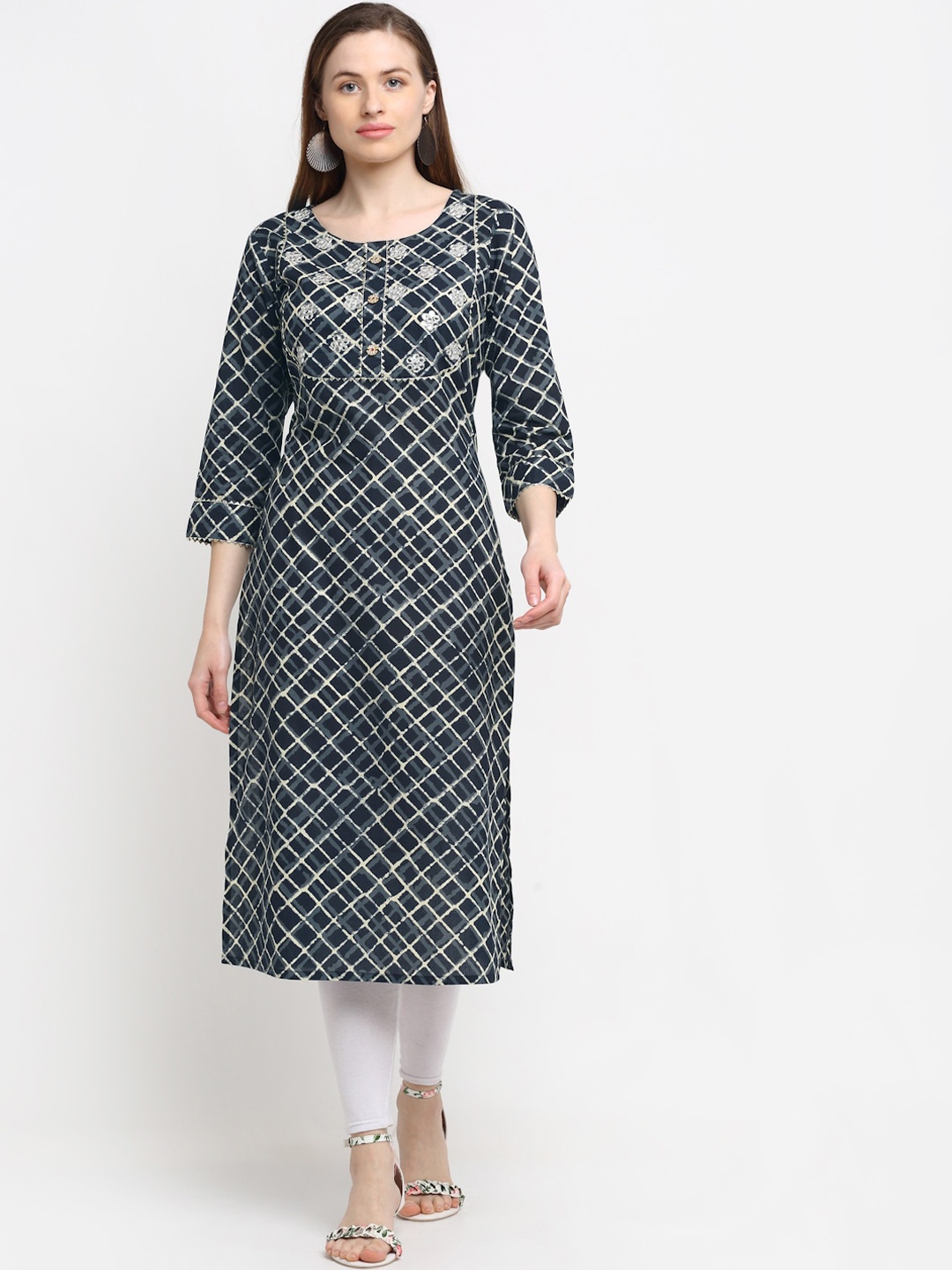 

KALINI Women Black Geometric Checked Thread Work Straight Kurta