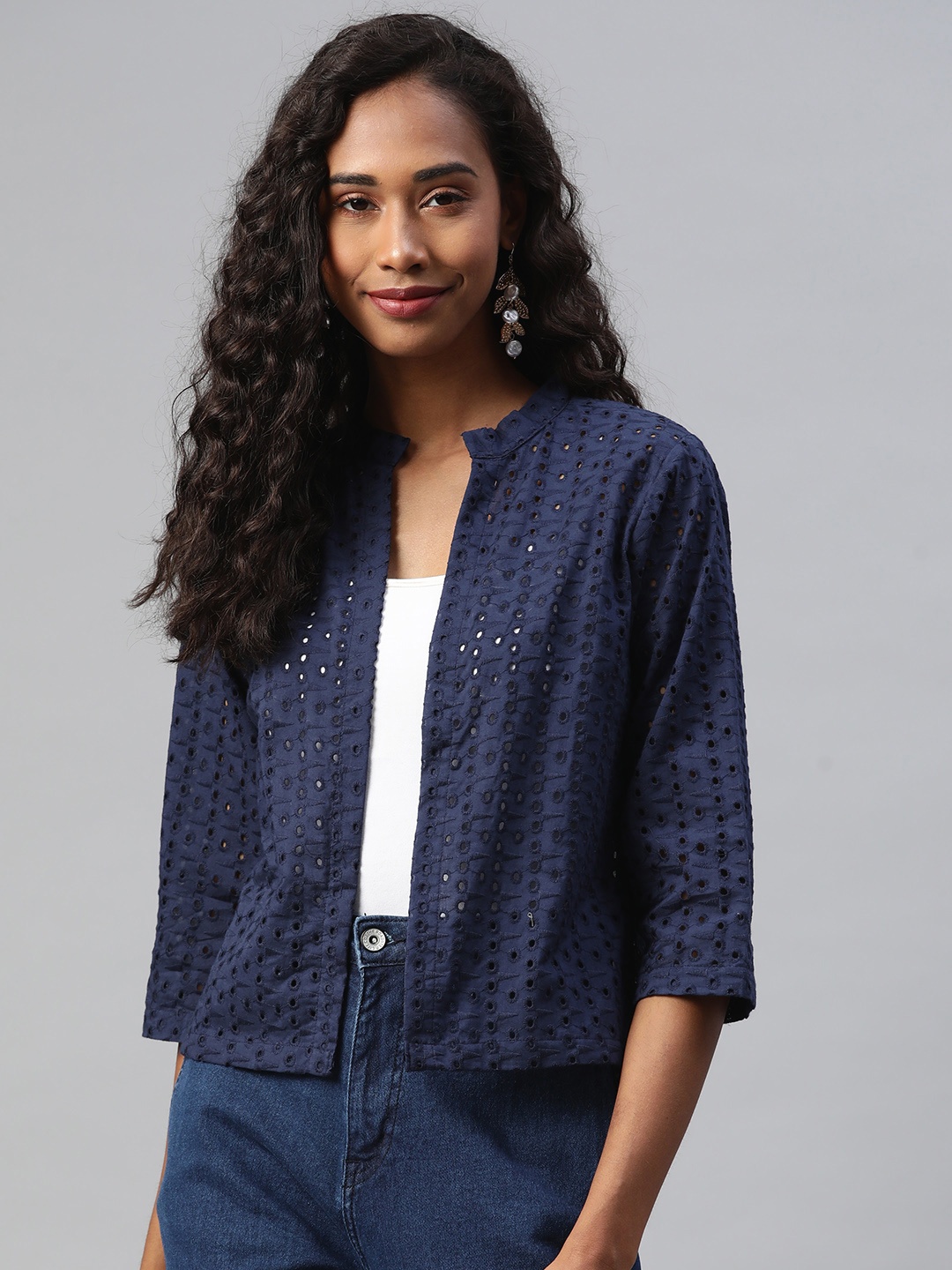 

Ayaany Women Navy Blue Schiffli Pure Cotton Front Open Shrug