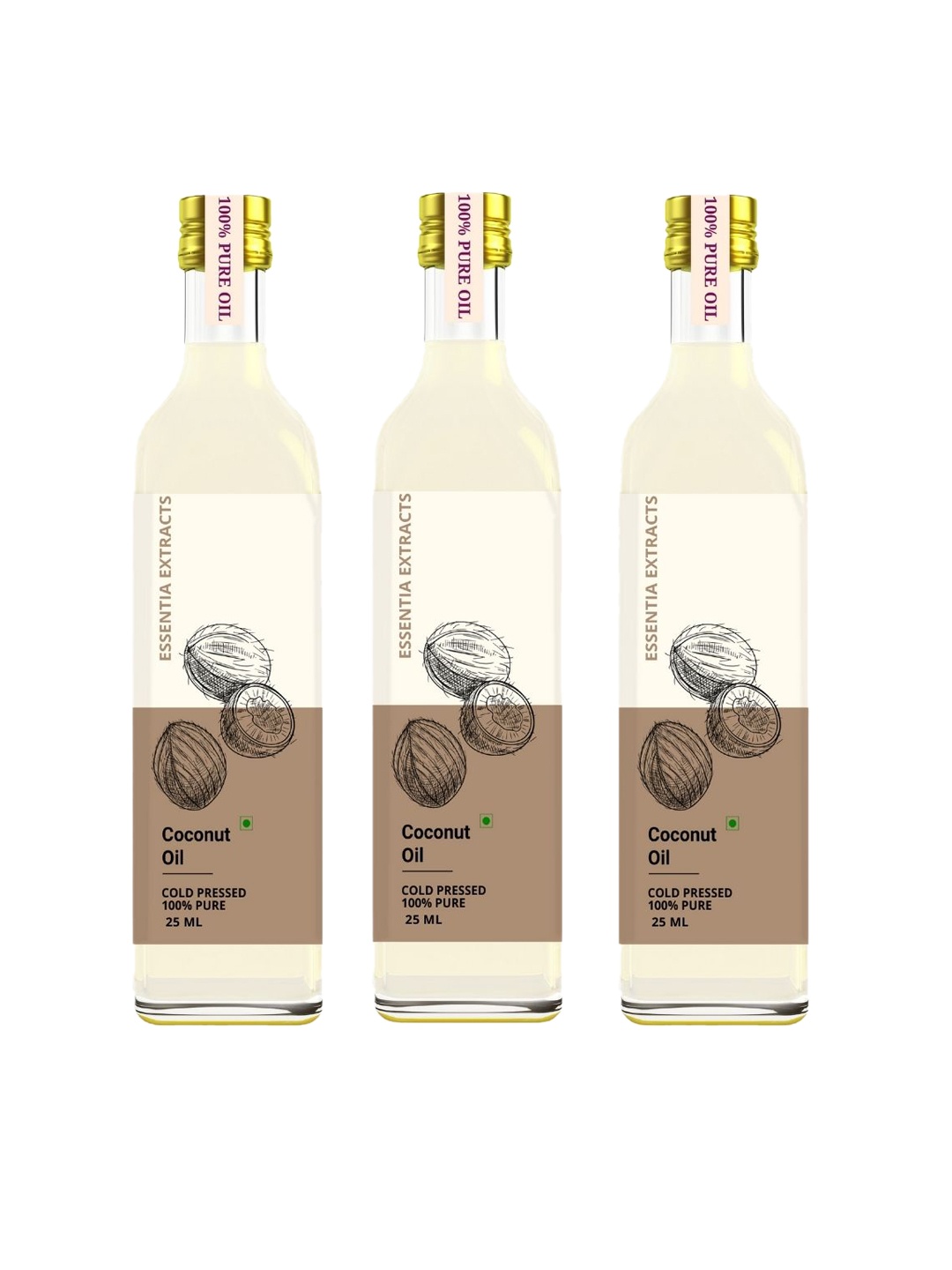 

ESSENTIA EXTRACTS Set of 3 Cold Pressed 100% Pure Coconut Oil - 25 ml Each, Brown