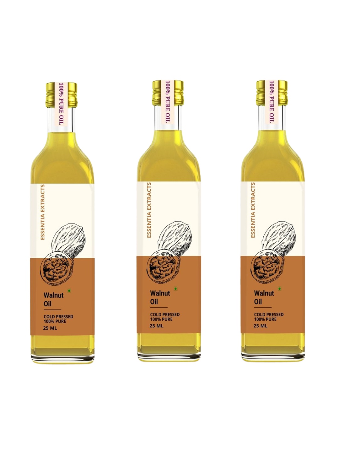 

ESSENTIA EXTRACTS Set of 3 Cold Pressed 100% Pure Walnut Oil - 25 ml Each, Brown