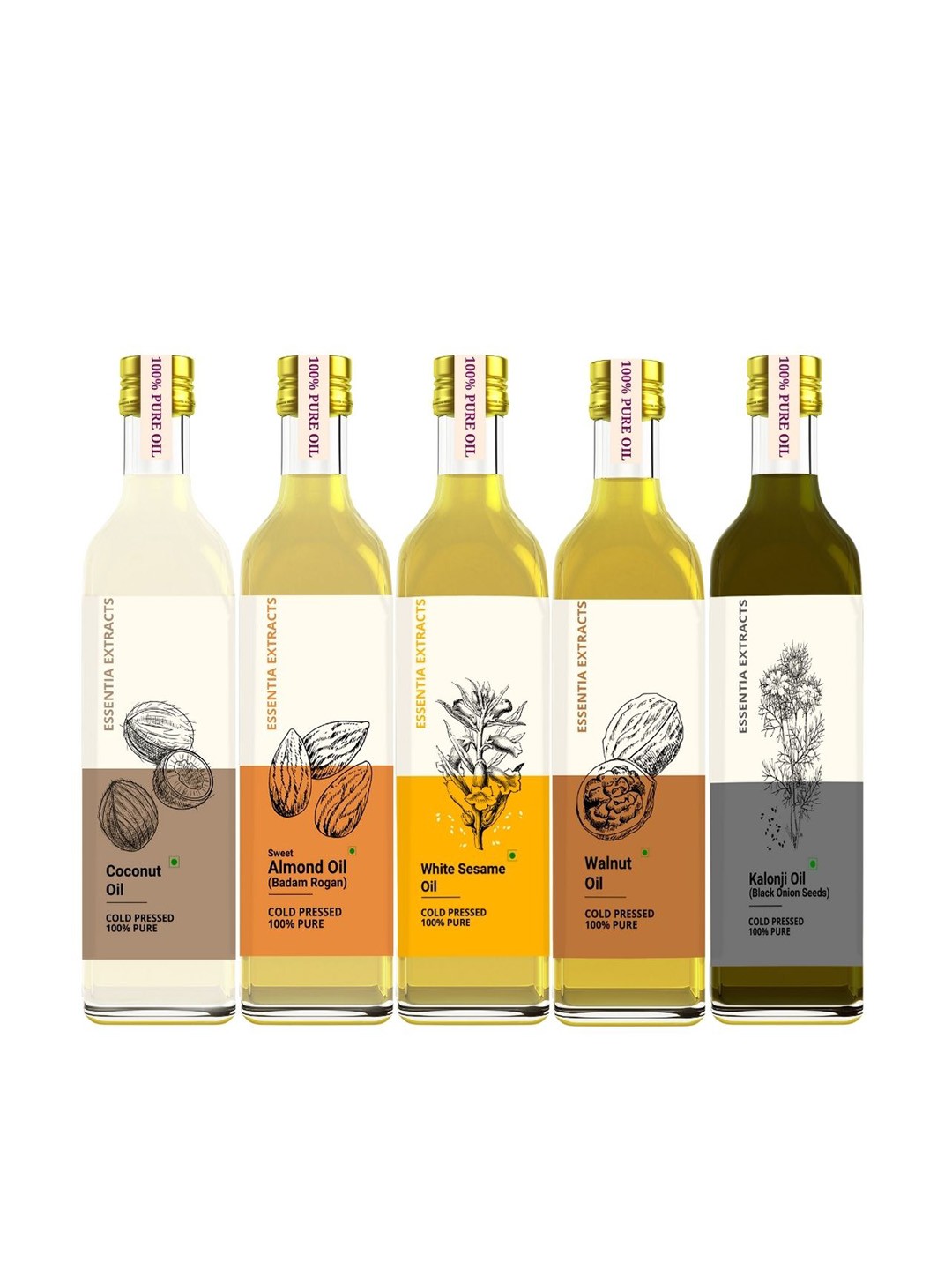 

ESSENTIA EXTRACTS Set of Coconut-Almond-White Sesame-Walnut & Kalonji Oils - 25 ml Each, Yellow