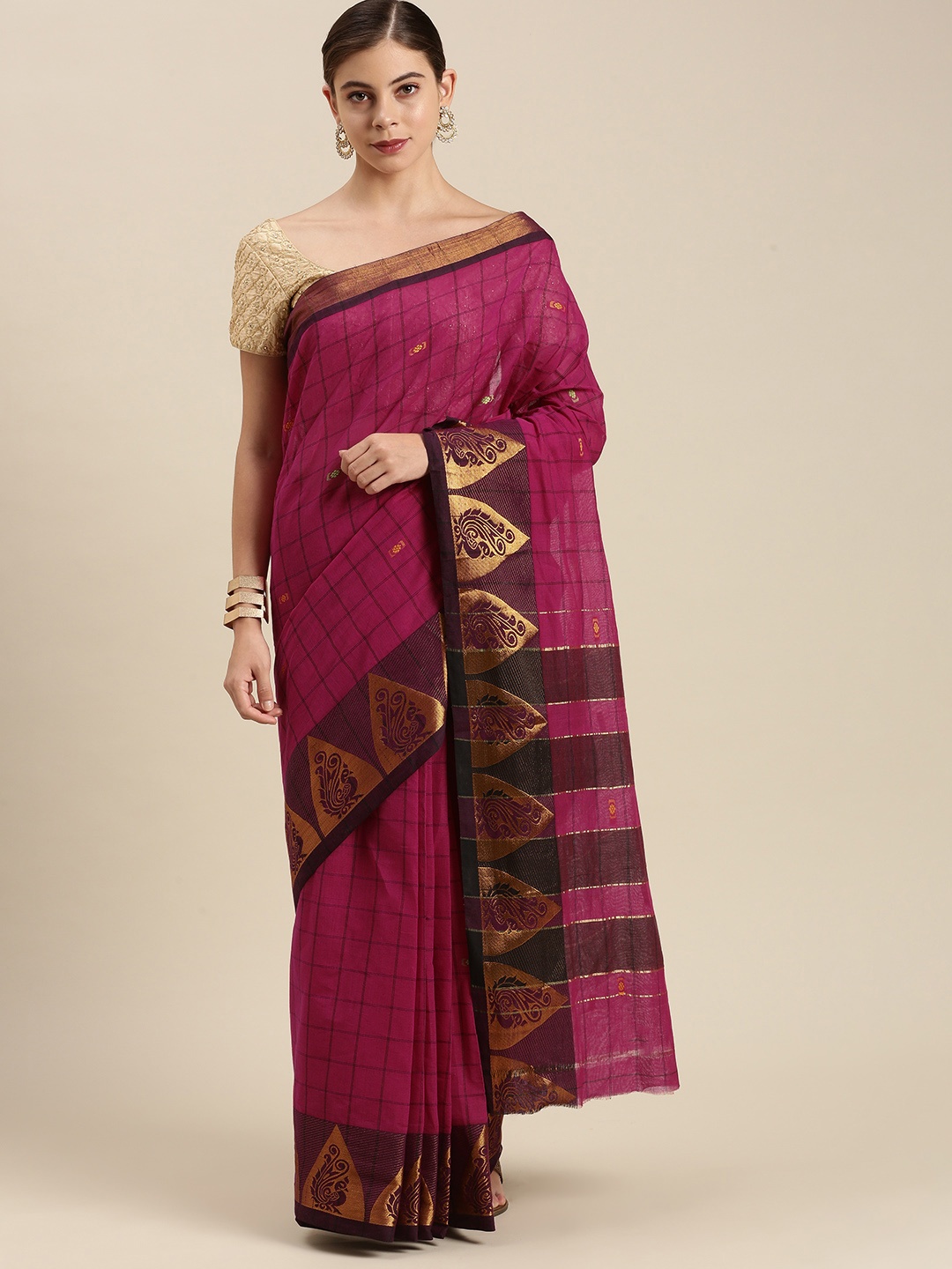 

Pavechas Magenta & Black Ethnic Motifs Pure Cotton Narayan Peth Saree