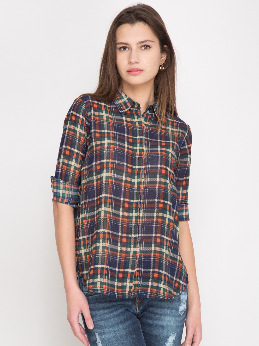 

Tokyo Talkies Women Navy & Orange Classic Fit Checked Shirt, Navy blue