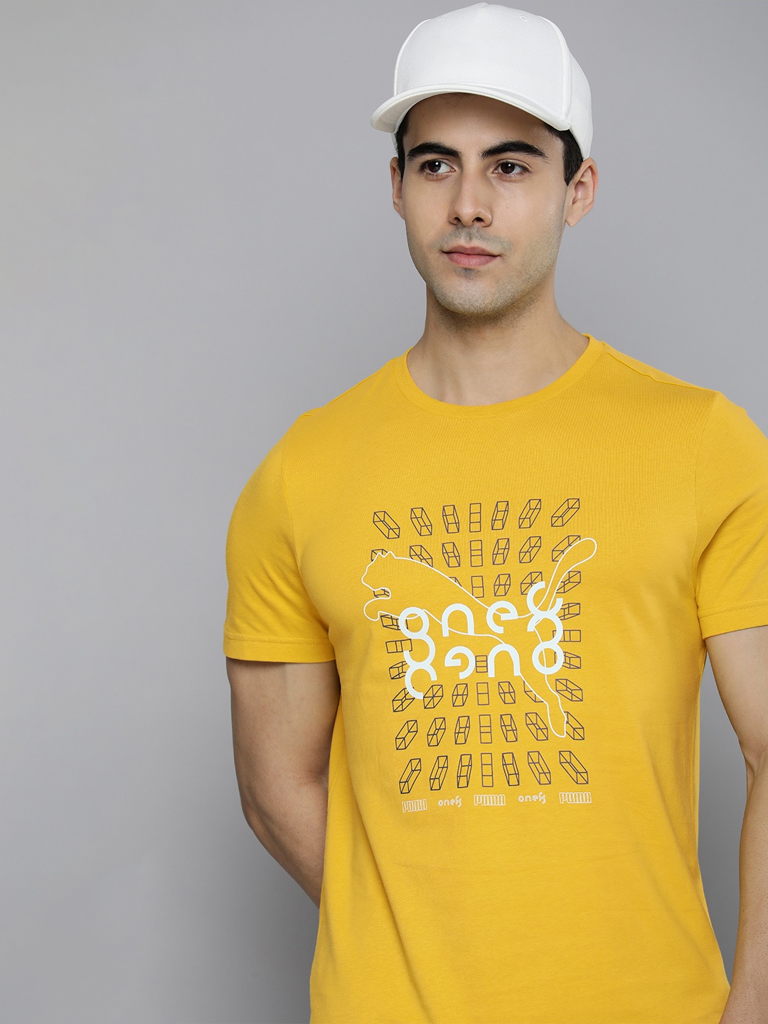 

one8 x PUMA Men Dark Yellow Brand Logo Printed Pure Cotton T-shirt