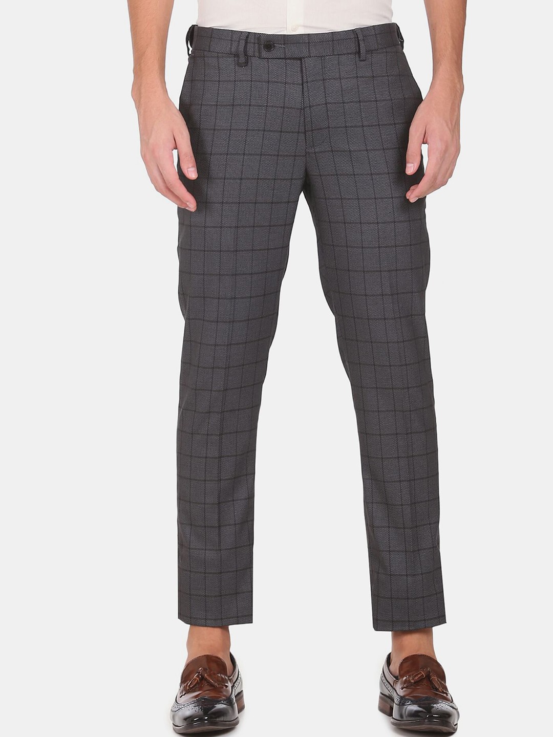 

Arrow Men Grey Checked Mid Rise Cropped Casual Trousers