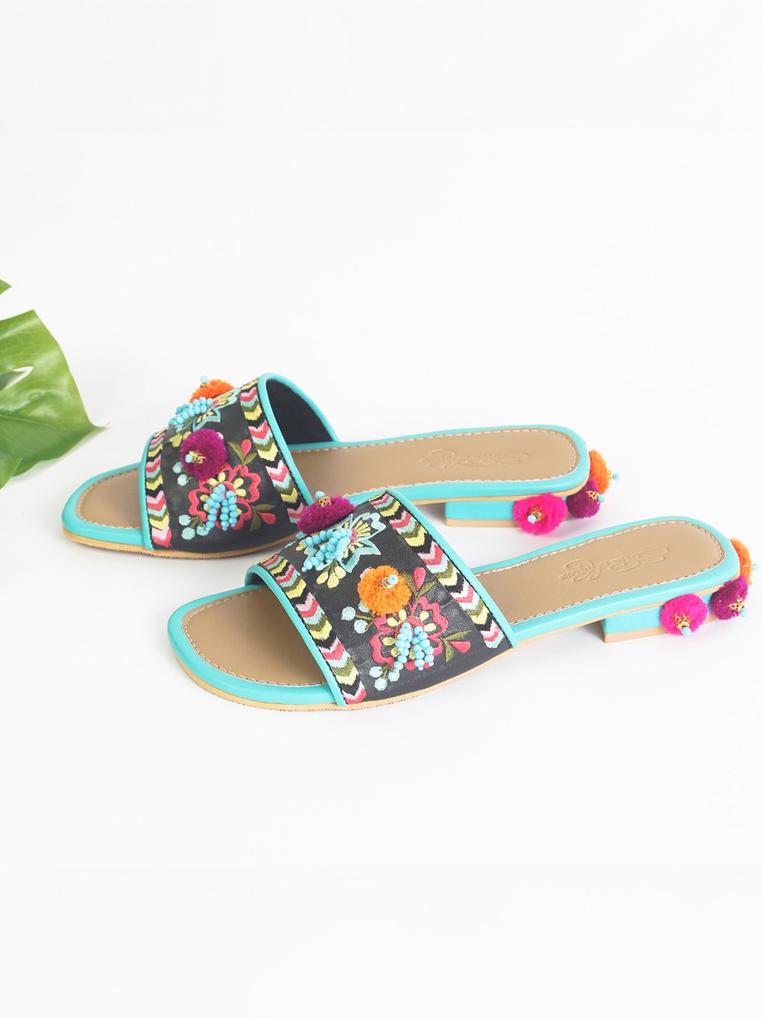 

Sole House Women Black & Turquoise Blue Embellished Open Toe Flats