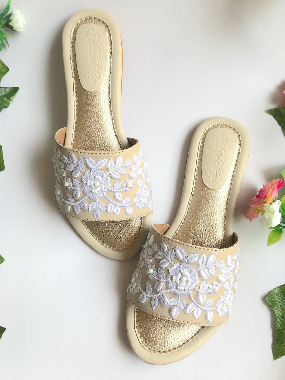 

Sole House Women Beige & White Embroidered Open Toe Flats