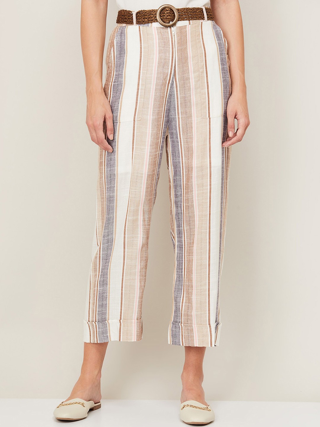 

CODE by Lifestyle Women Beige Striped High-Rise Cropped Trousers