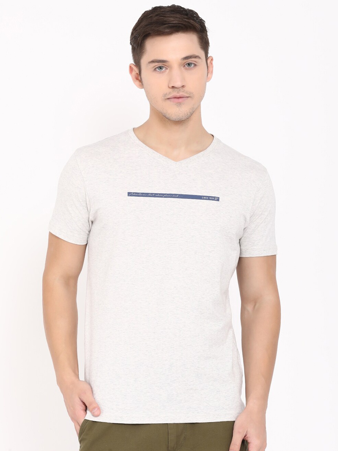 

t-base Men White Printed V-Neck Cotton T-shirt