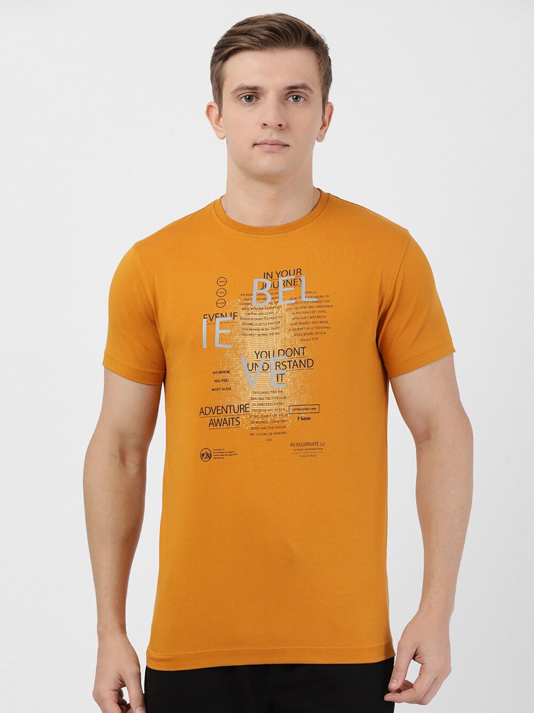 

t-base Men Yellow Typography Printed Pure Cotton T-shirt
