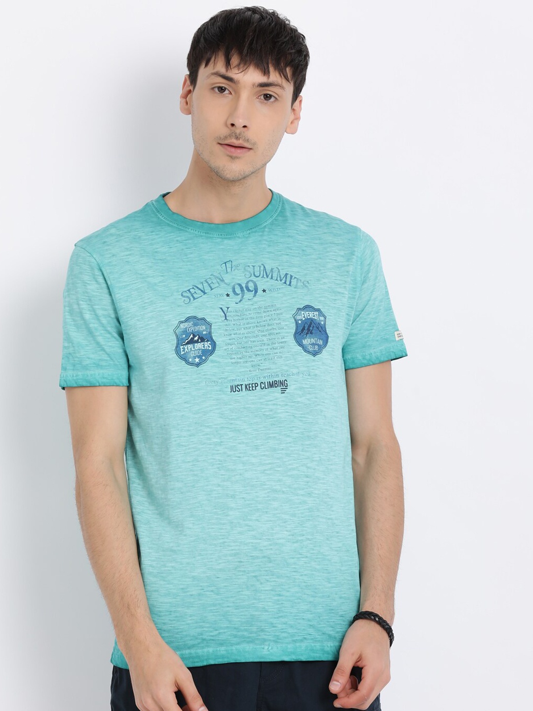 

t-base Men Sea Green Typography Printed Pure Cotton T-shirt