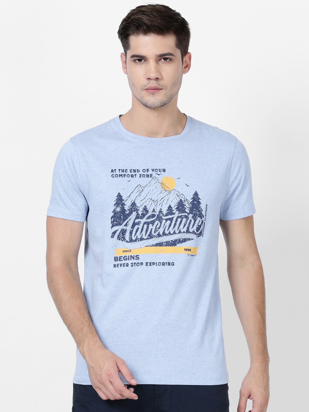 

t-base Men Blue & Grey Printed Pure Cotton T-shirt
