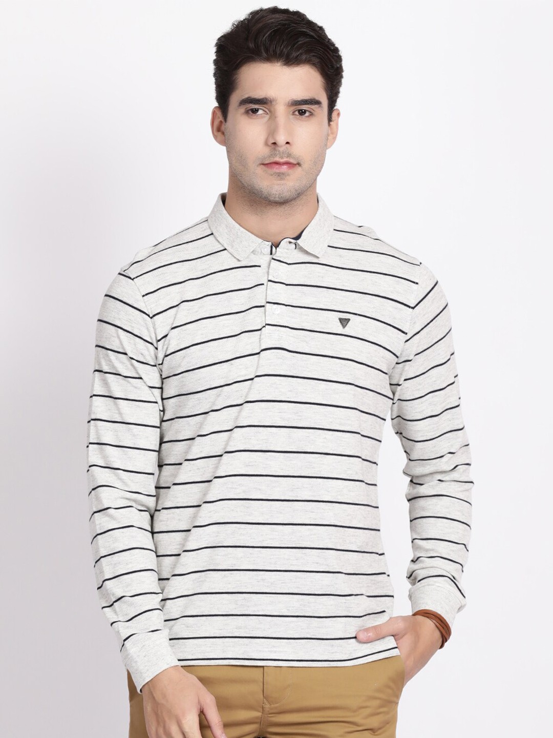 

t-base Men Off White & Black Striped Polo Collar Cotton T-shirt