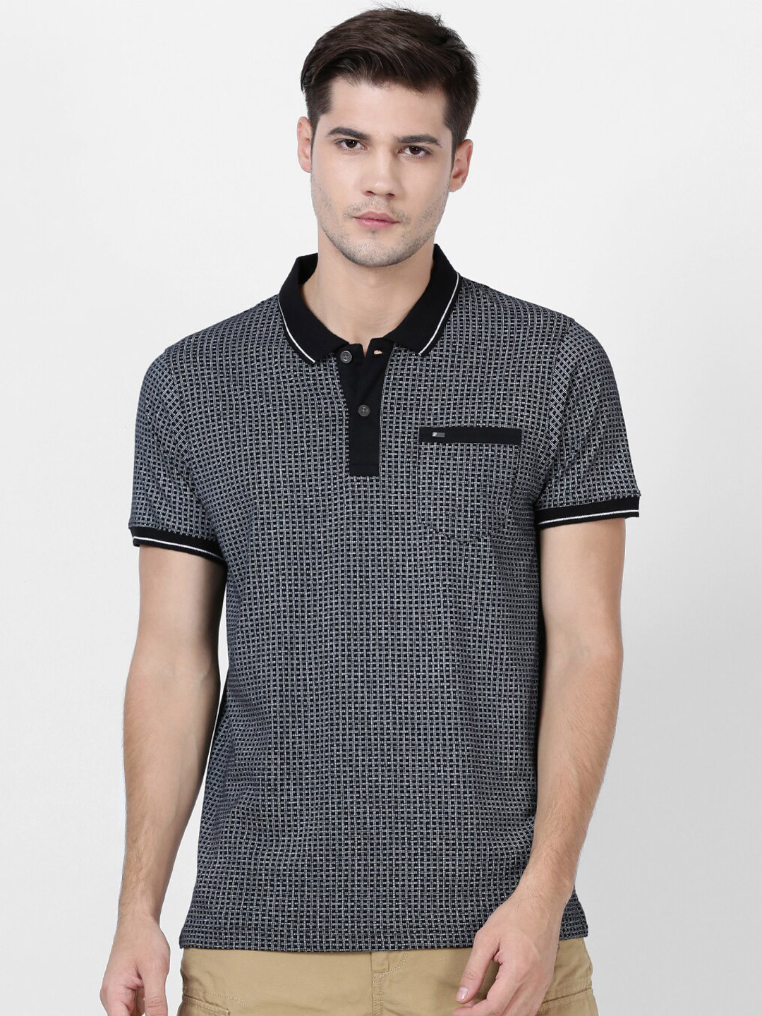 

t-base Men Black & White Geometric Printed Polo Collar Pockets Pure Cotton T-shirt