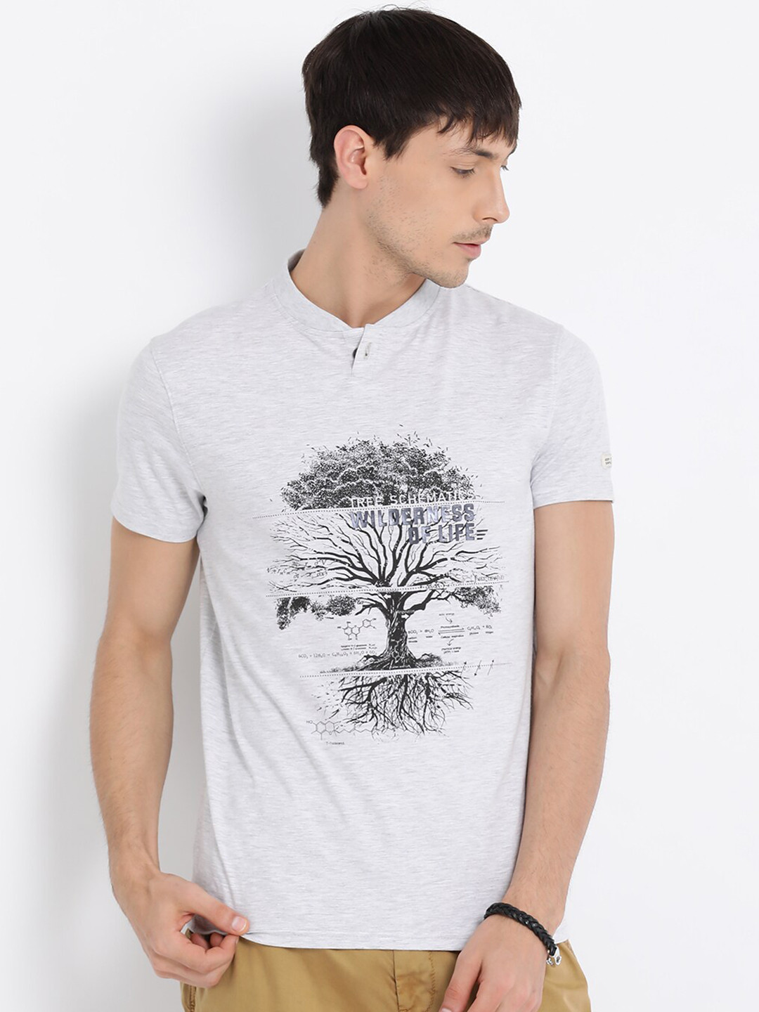 

t-base Men White & Grey Printed Pure Cotton T-shirt