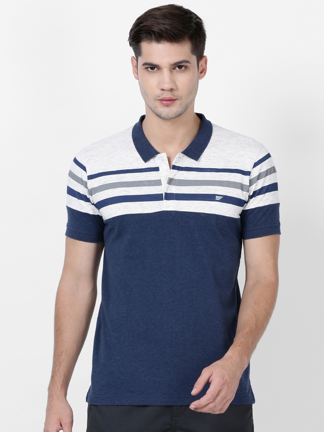 

t-base Men Blue & White Striped Polo Collar Pure Cotton T-shirt