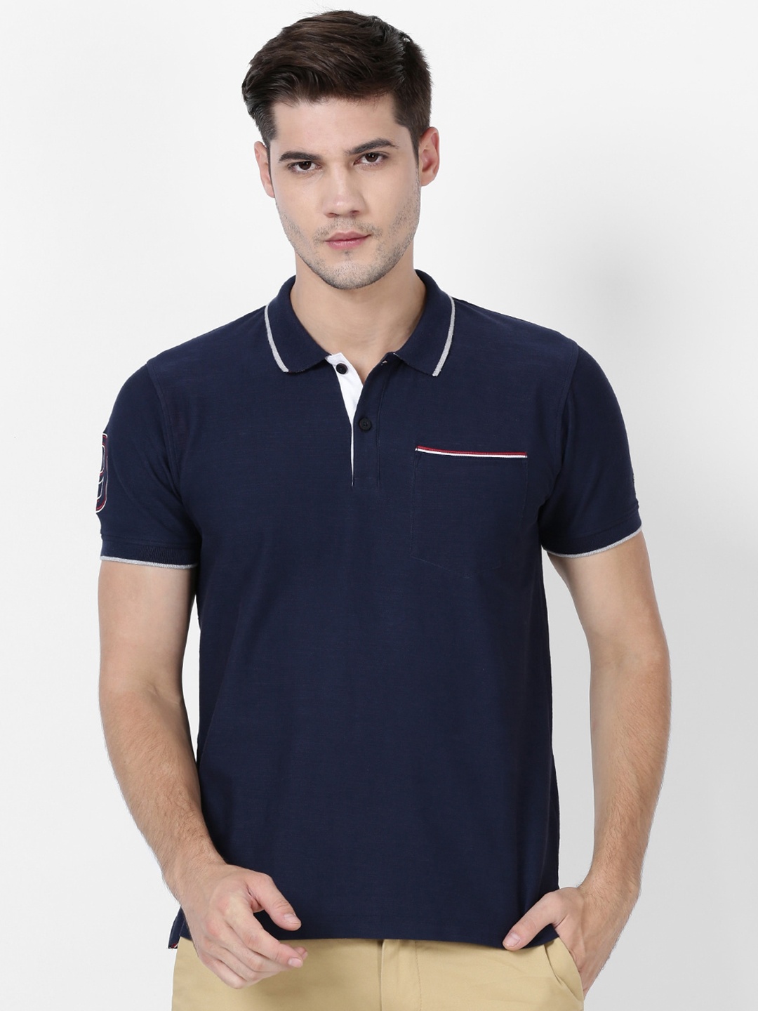 

t-base Men Navy Blue Solid Polo Collar Pockets Cotton T-shirt