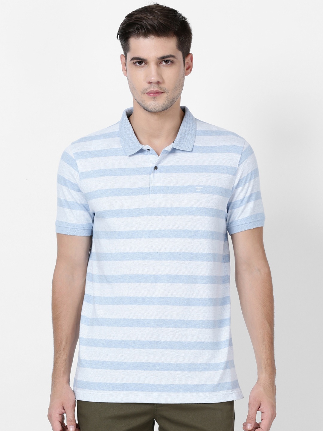 

t-base Men Blue & White Striped Polo Collar Pure Cotton T-shirt