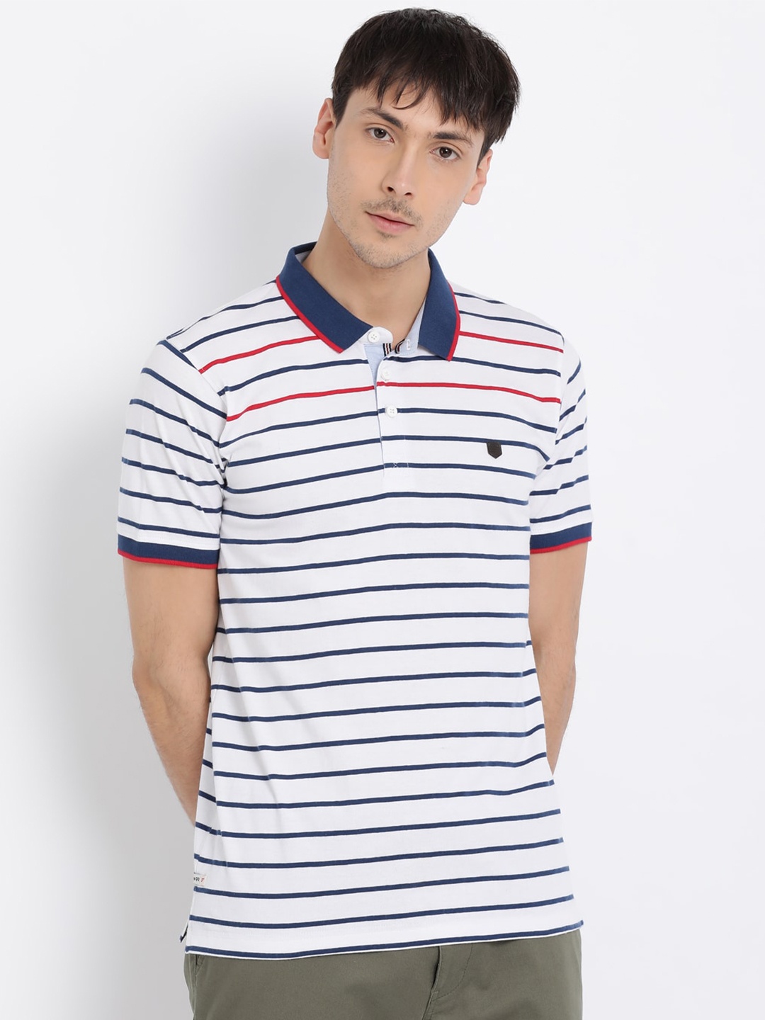 

t-base Men White & Navy Blue Striped Polo Collar Pure Cotton T-shirt