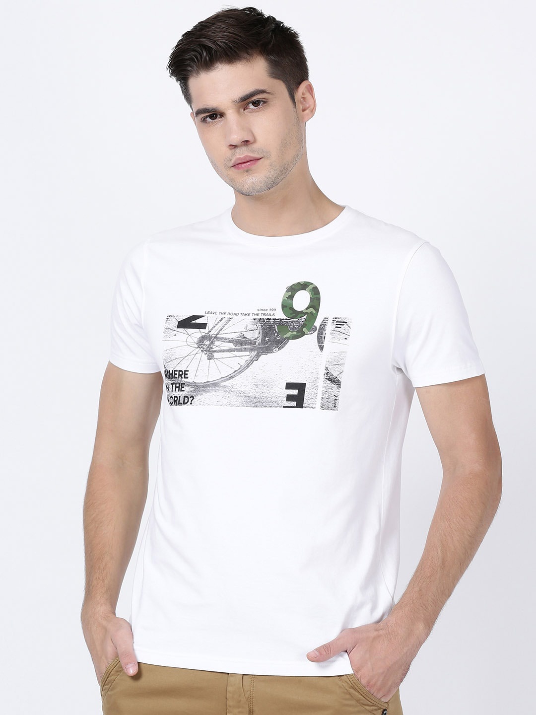 

t-base Men White & Grey Printed Cotton T-shirt