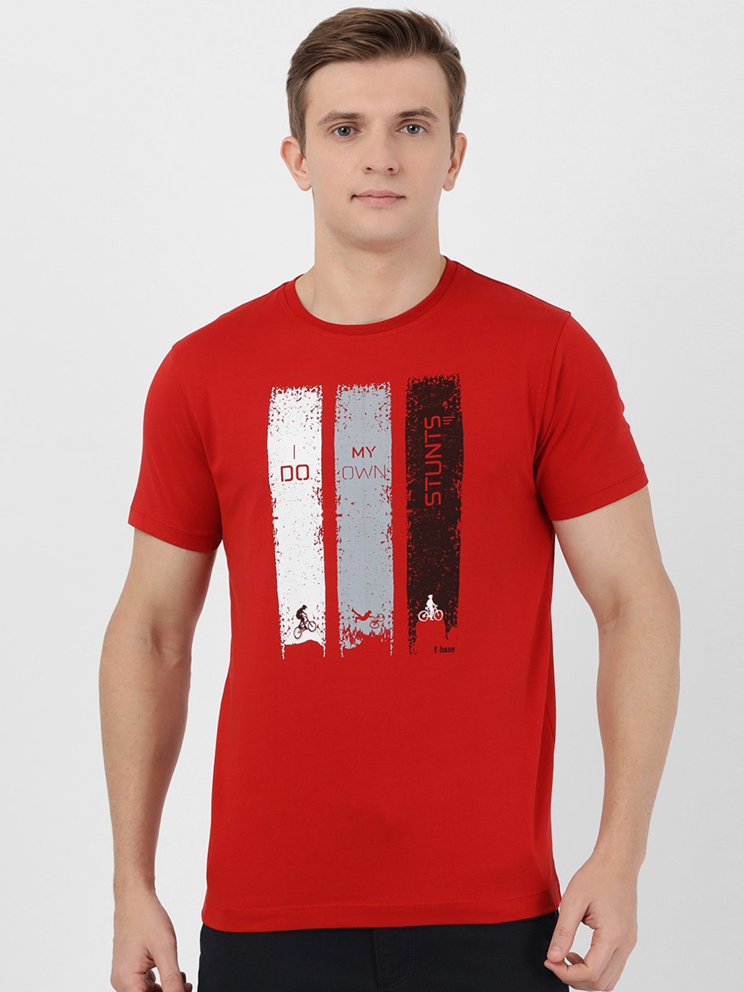 

t-base Men Red Printed Round Neck Cotton T-shirt