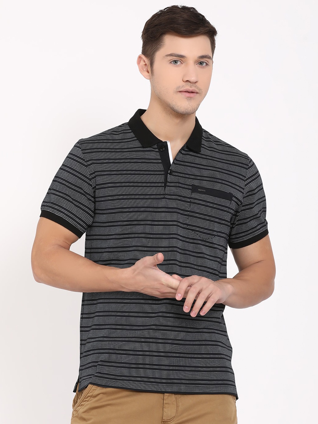 

t-base Men Black Striped Polo Collar Pure Cotton T-shirt