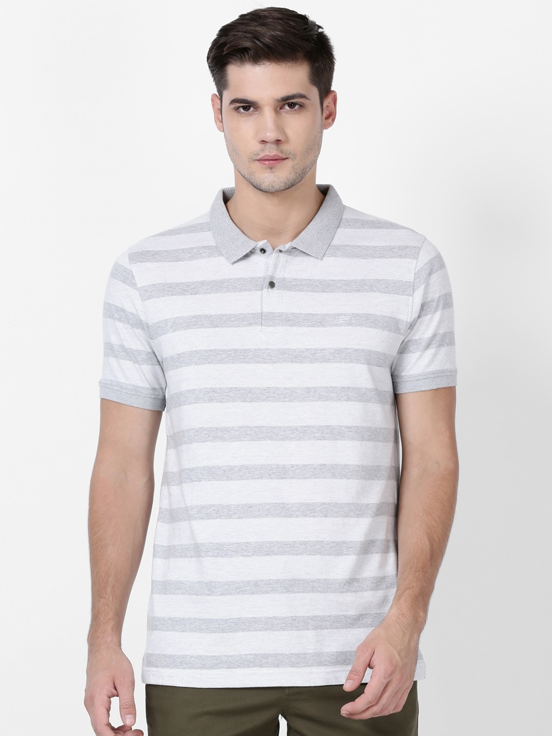 

t-base Men Grey Melange & White Striped Polo Collar Cotton T-shirt