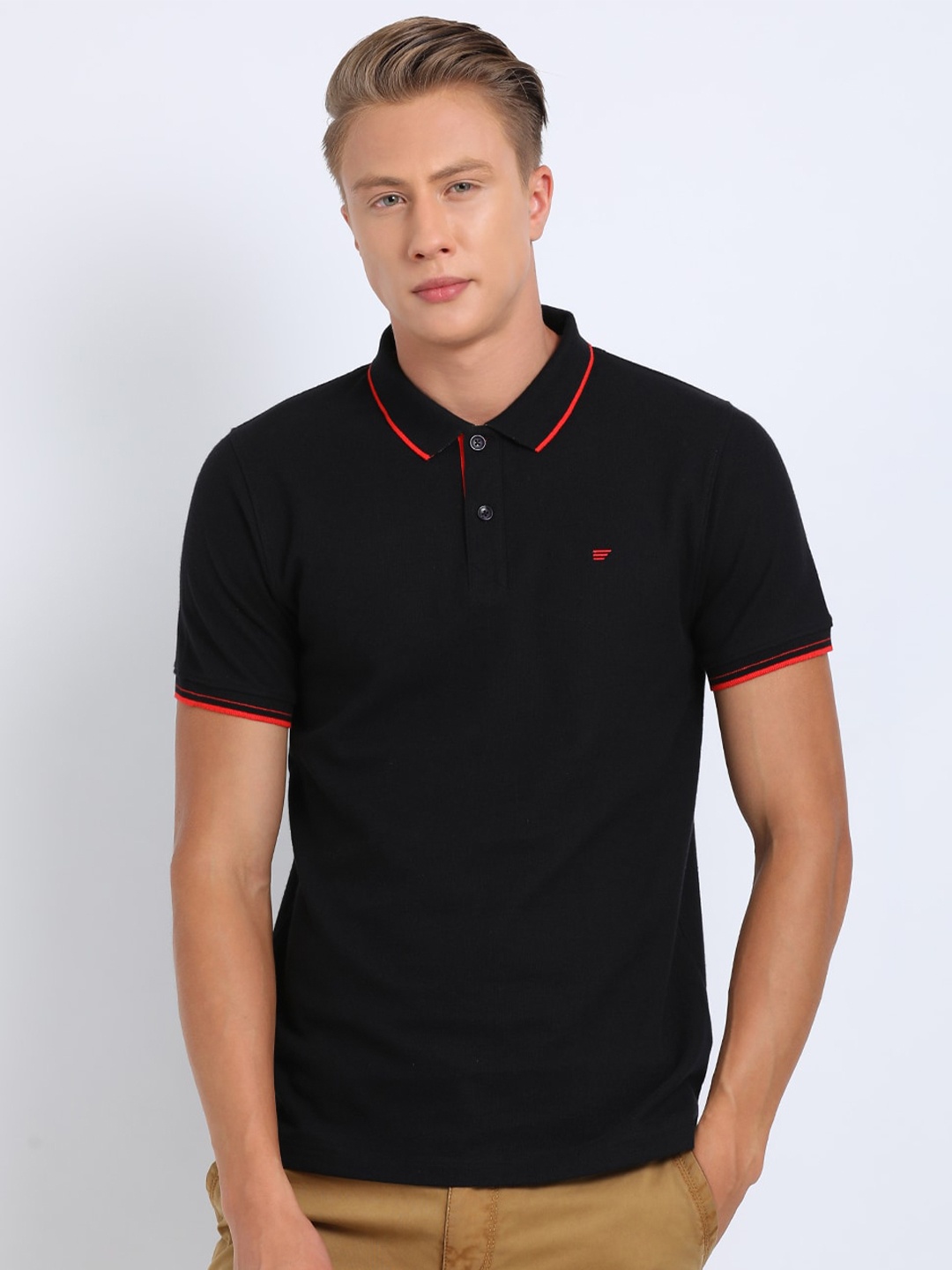 

t-base Men Black Solid Polo Collar Cotton T-shirt