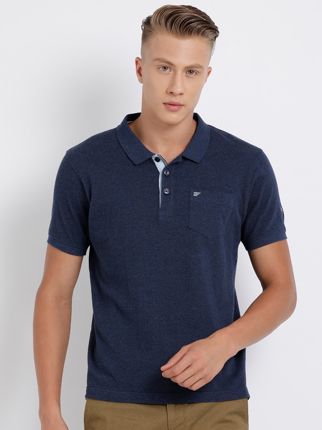 

t-base Men Navy Blue Polo Collar Pure Cotton Pockets T-shirt