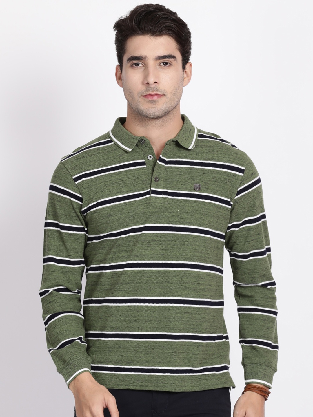 

t-base Men Green Striped Polo Collar Pockets T-shirt, Olive