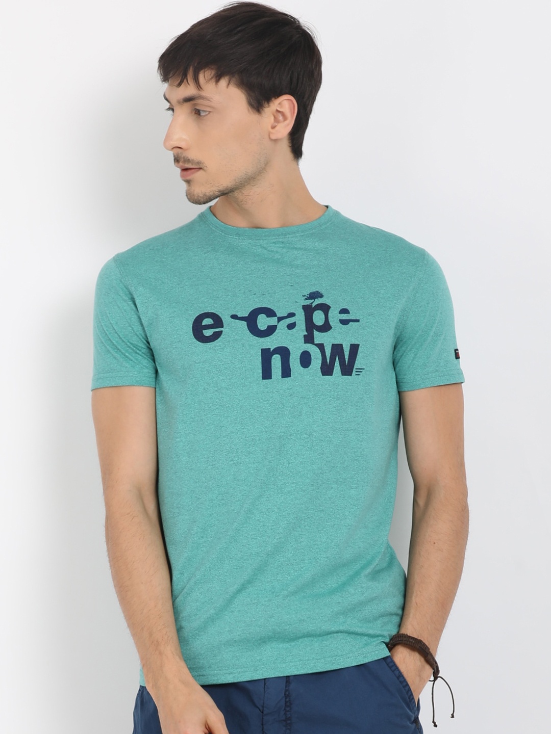 

t-base Men Green Typography Printed Pure Cotton T-shirt