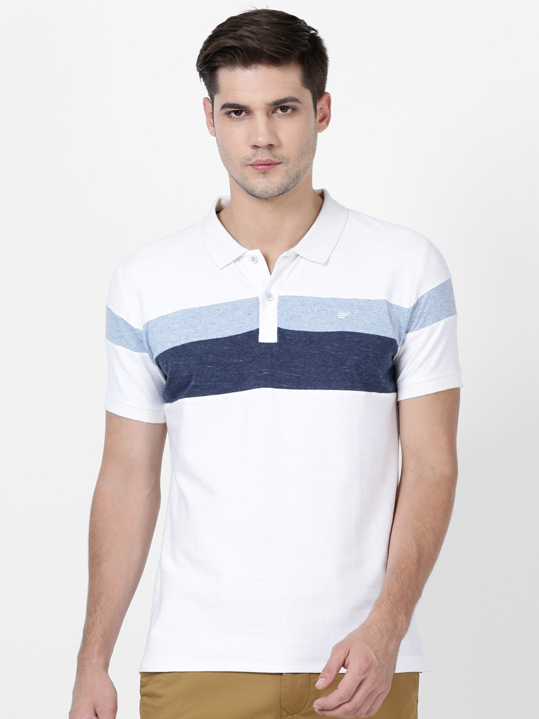 

t-base Men White & Navy Blue Striped Pure Cotton Polo Collar T-shirt