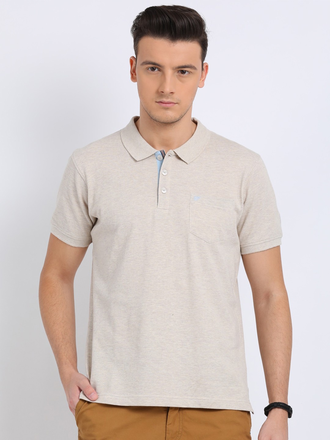 

t-base Men Grey Solid Regular Fit Polo Collar T-shirt