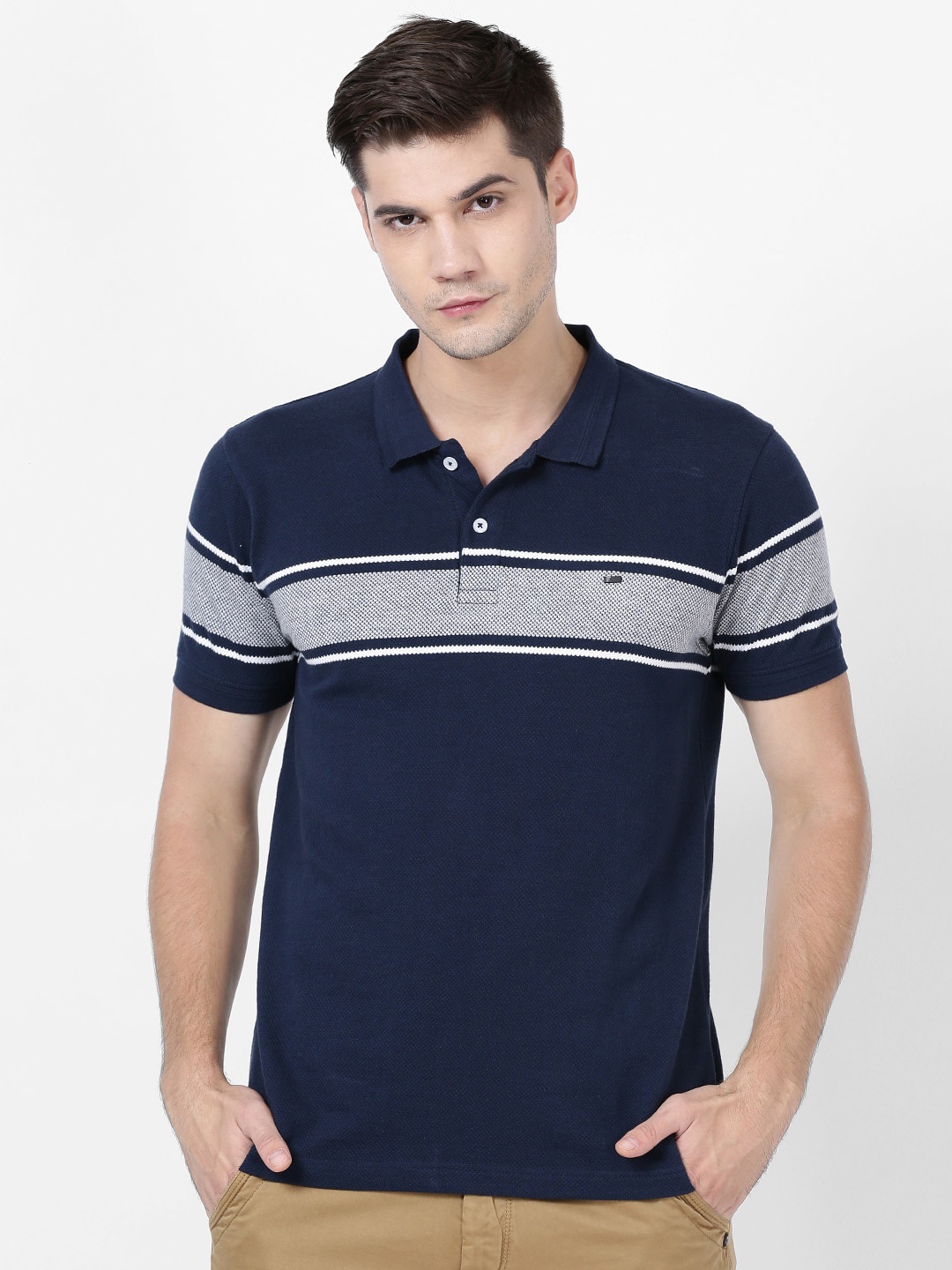 

t-base Men Navy Blue & Grey Striped Polo Collar Pure Cotton T-shirt