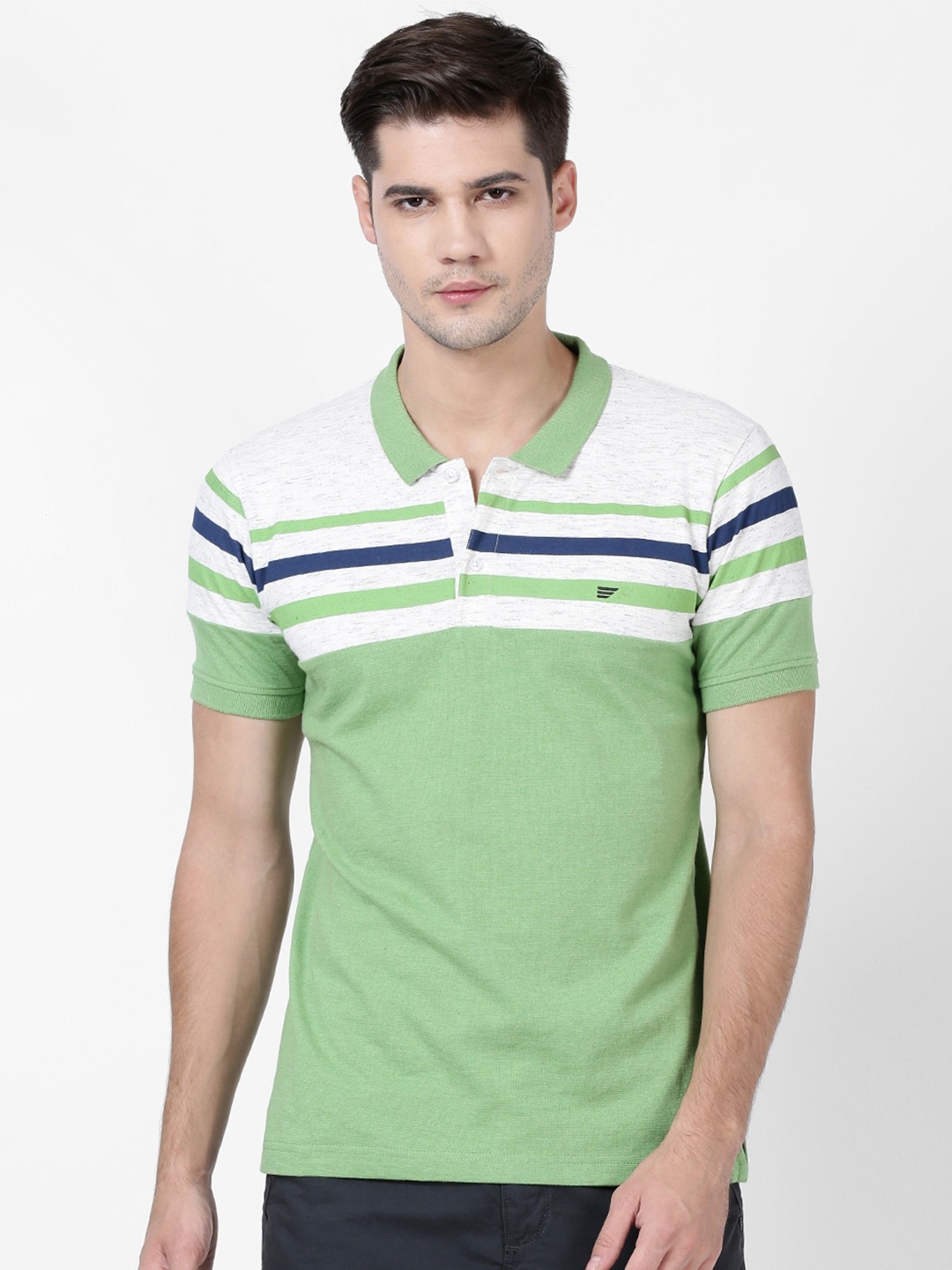 

t-base Men Green & White Striped Polo Collar Cotton T-shirt