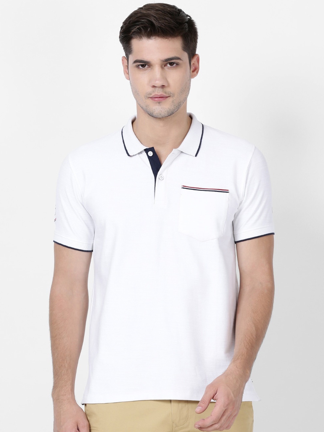 

t-base Men White Pure Cotton Polo Collar Pockets T-shirt