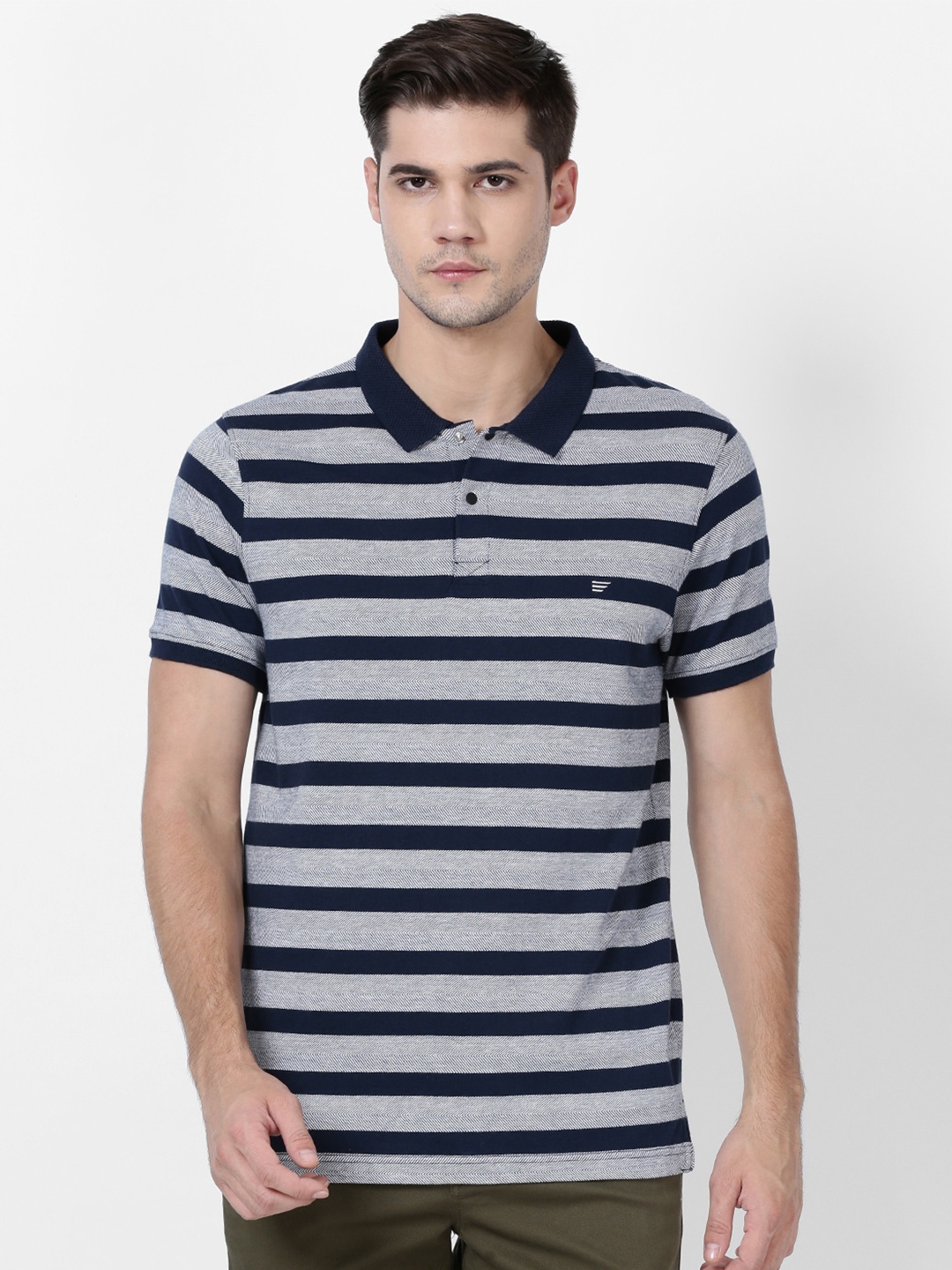 

t-base Men Navy Blue & Grey Striped Polo Collar Pure Cotton T-shirt