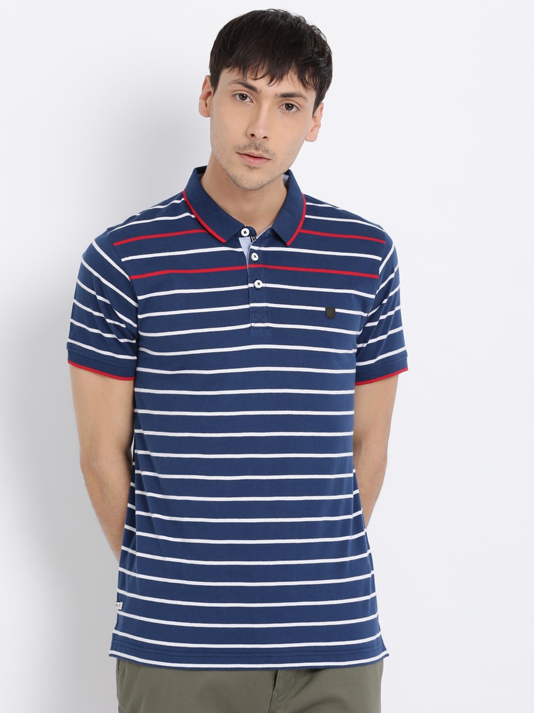 

t-base Men Blue Striped Polo Collar T-shirt