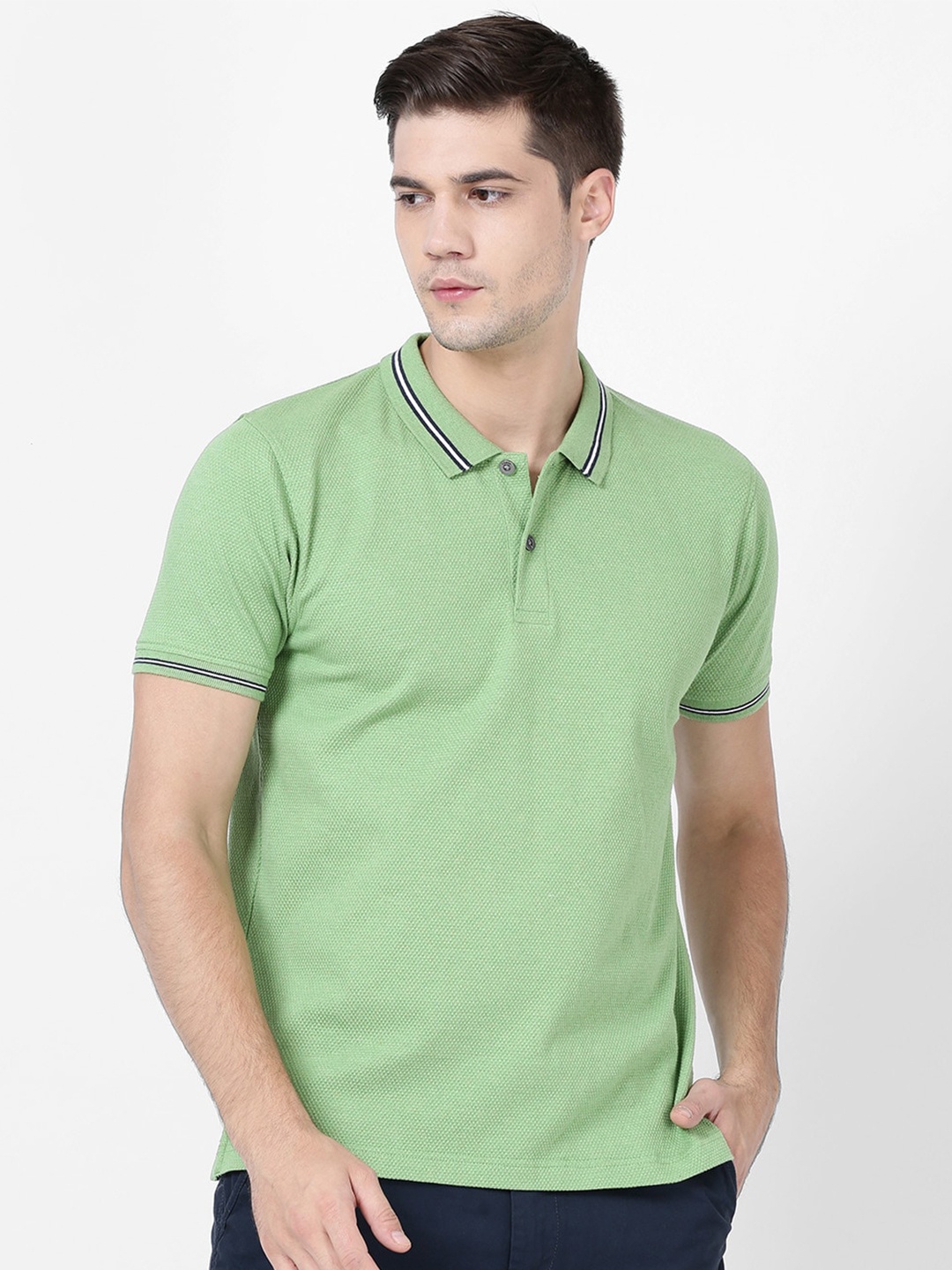 

t-base Men Green Polo Collar Pure Cotton T-shirt