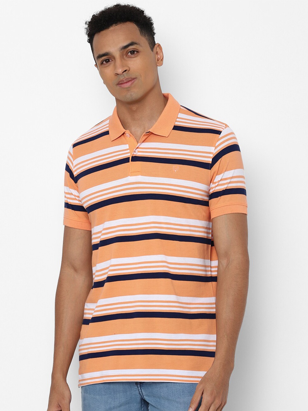 

Allen Solly Sport Men Orange & Black Striped Polo Collar Pure Cotton T-shirt