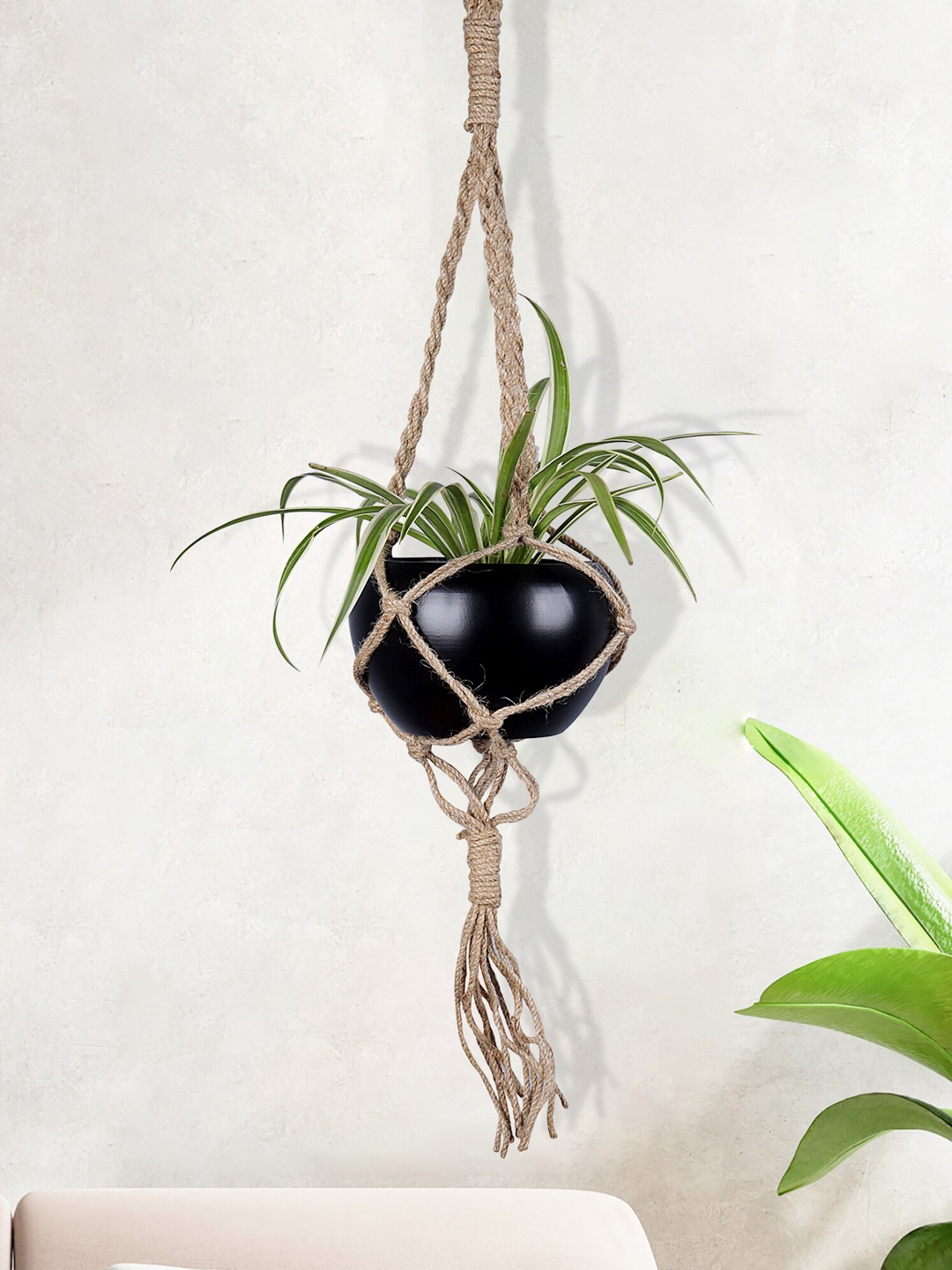 

Homesake Set Of 2 Black Solid Hanging Macrame Planter With Rope