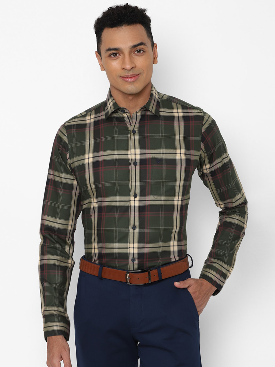 

Allen Solly Men Olive Green Slim Fit Tartan Checks Pure Cotton Formal Shirt